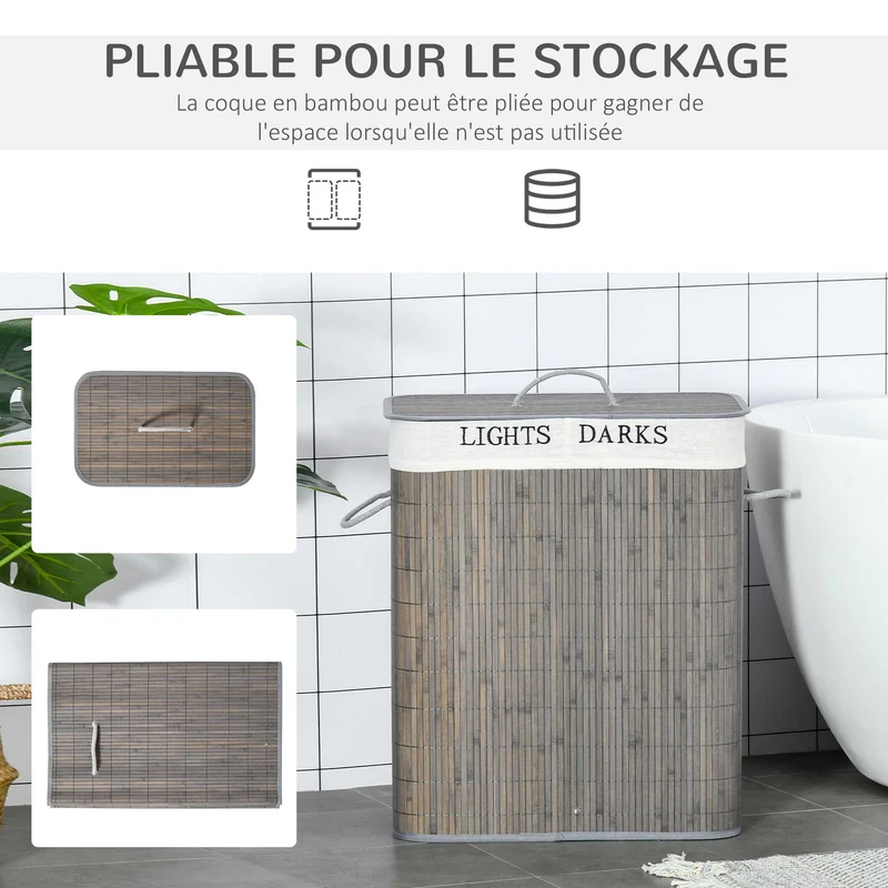 Panier à linge double bac pliable salle de bain 52 x 32 x 63 cm sac amovible lavable scandinave en bambou gris foncé 21_0005784
