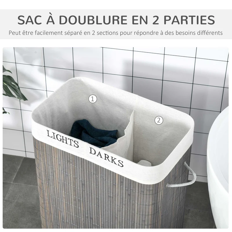 Panier à linge double bac pliable salle de bain 52 x 32 x 63 cm sac amovible lavable scandinave en bambou gris foncé 21_0005784