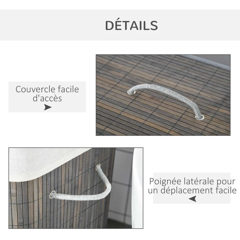 Panier à linge double bac pliable salle de bain 52 x 32 x 63 cm sac amovible lavable scandinave en bambou gris foncé 21_0005784