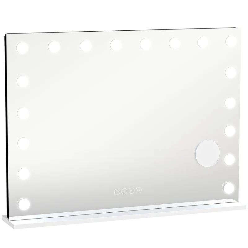 Miroir de maquillage à poser et mural 80 x 60 x 14 cm éclairage réglable et enceinte sans fil moderne en verre blanc 21_0000789