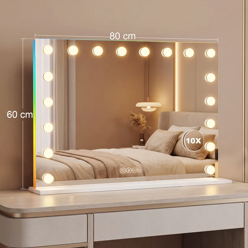 Miroir de maquillage à poser et mural 80 x 60 x 14 cm éclairage réglable et enceinte sans fil moderne en verre blanc 21_0000789