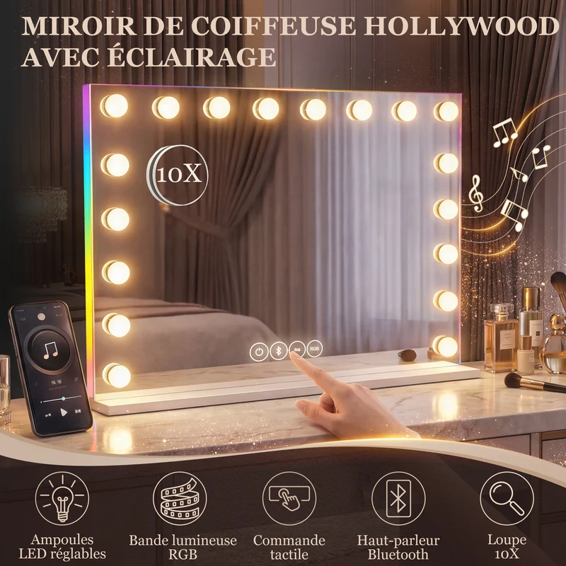 Miroir de maquillage à poser et mural 80 x 60 x 14 cm éclairage réglable et enceinte sans fil moderne en verre blanc 21_0000789