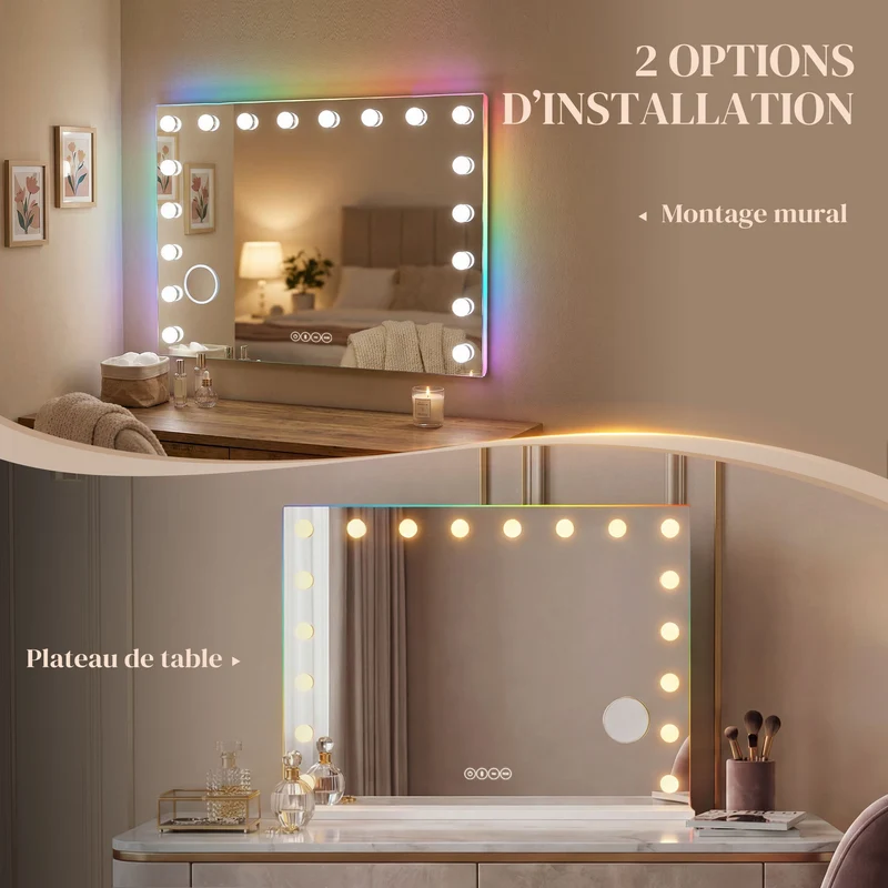 Miroir de maquillage à poser et mural 80 x 60 x 14 cm éclairage réglable et enceinte sans fil moderne en verre blanc 21_0000789