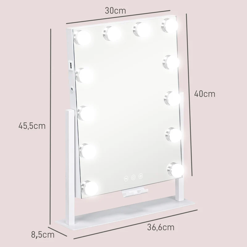 Miroir de maquillage lumineux 36.5 x 8.5 x 45.5 cm luminosité réglable grossissement 10x moderne épuré en verre blanc 21_0000788