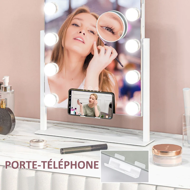 Miroir de maquillage lumineux 36.5 x 8.5 x 45.5 cm luminosité réglable grossissement 10x moderne épuré en verre blanc 21_0000788