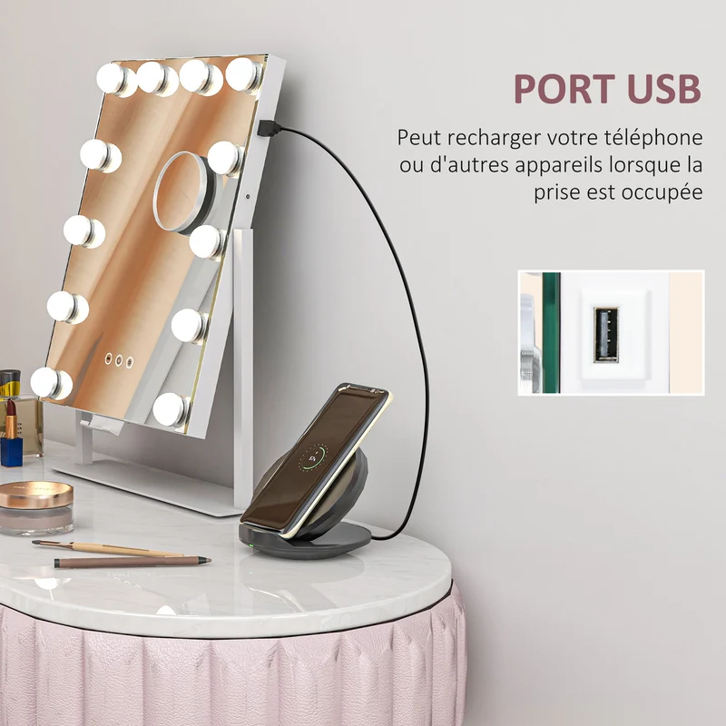 Miroir de maquillage lumineux 36.5 x 8.5 x 45.5 cm luminosité réglable grossissement 10x moderne épuré en verre blanc 21_0000788