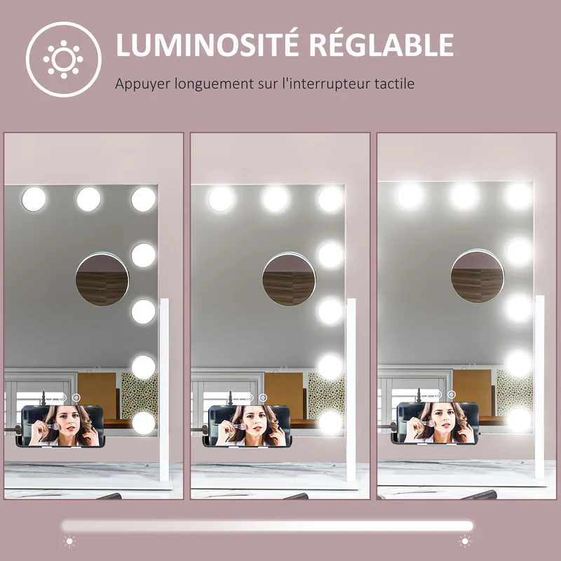 Miroir de maquillage lumineux 36.5 x 8.5 x 45.5 cm luminosité réglable grossissement 10x moderne épuré en verre blanc 21_0000788