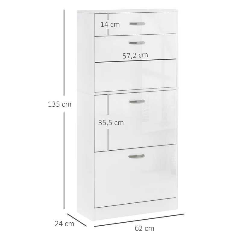 Meuble à chaussures d'entrée 62 x 24 x 135 cm grand rangement avec tiroir contemporain en panneau de particules blanc 21_0001724