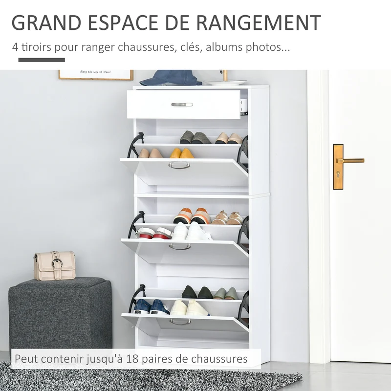 Meuble à chaussures d'entrée 62 x 24 x 135 cm grand rangement avec tiroir contemporain en panneau de particules blanc 21_0001724