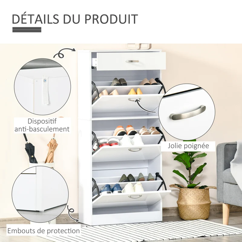 Meuble à chaussures d'entrée 62 x 24 x 135 cm grand rangement avec tiroir contemporain en panneau de particules blanc 21_0001724