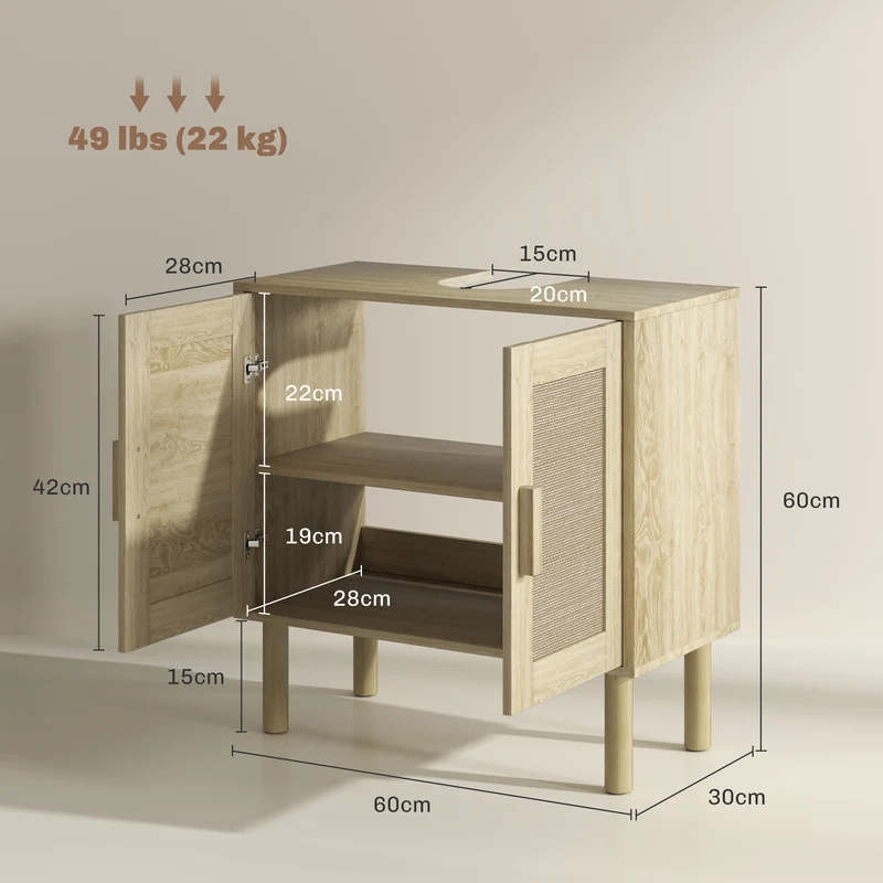 Meuble sous lavabo 60 x 30 x 60 cm rangement 2 niveaux découpe en u pieds 15 cm scandinave en panneau de particules chêne 21_0002041