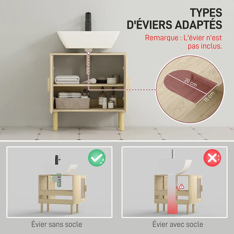 Meuble sous lavabo 60 x 30 x 60 cm rangement 2 niveaux découpe en u pieds 15 cm scandinave en panneau de particules chêne 21_0002041