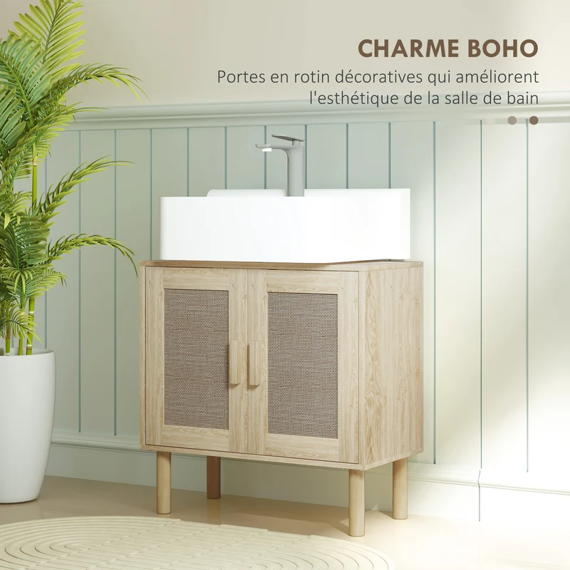 Meuble sous lavabo 60 x 30 x 60 cm rangement 2 niveaux découpe en u pieds 15 cm scandinave en panneau de particules chêne 21_0002041