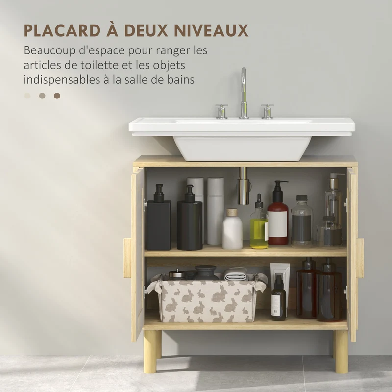 Meuble sous lavabo 60 x 30 x 60 cm rangement 2 niveaux découpe en u pieds 15 cm scandinave en panneau de particules chêne 21_0002041