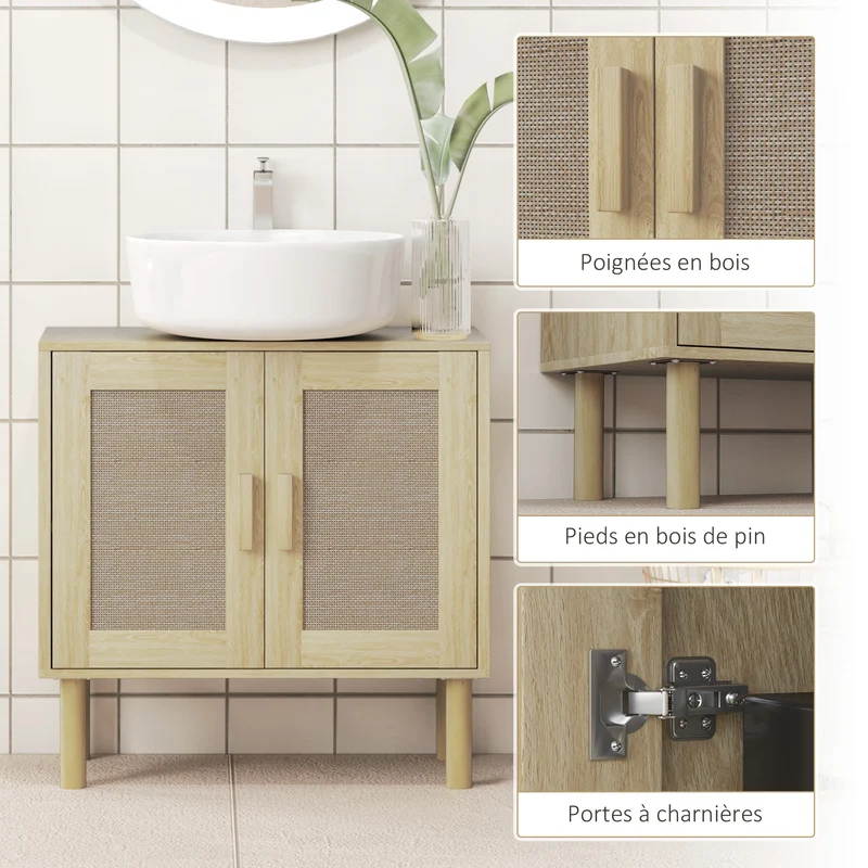 Meuble sous lavabo 60 x 30 x 60 cm rangement 2 niveaux découpe en u pieds 15 cm scandinave en panneau de particules chêne 21_0002041