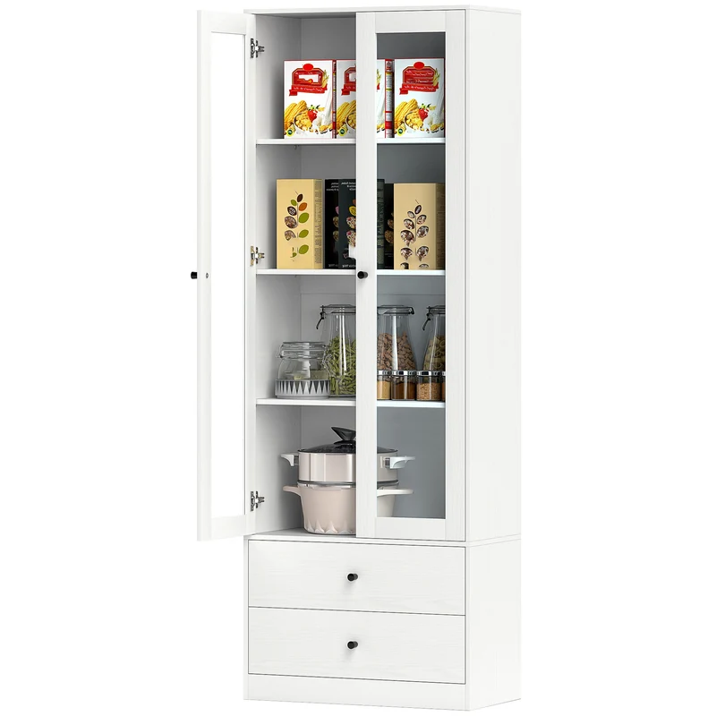 Meuble de rangement porte vitrée 59 x 30 x 164 cm étagères réglables 2 tiroirs moderne en panneau de particules blanc 21_0002969