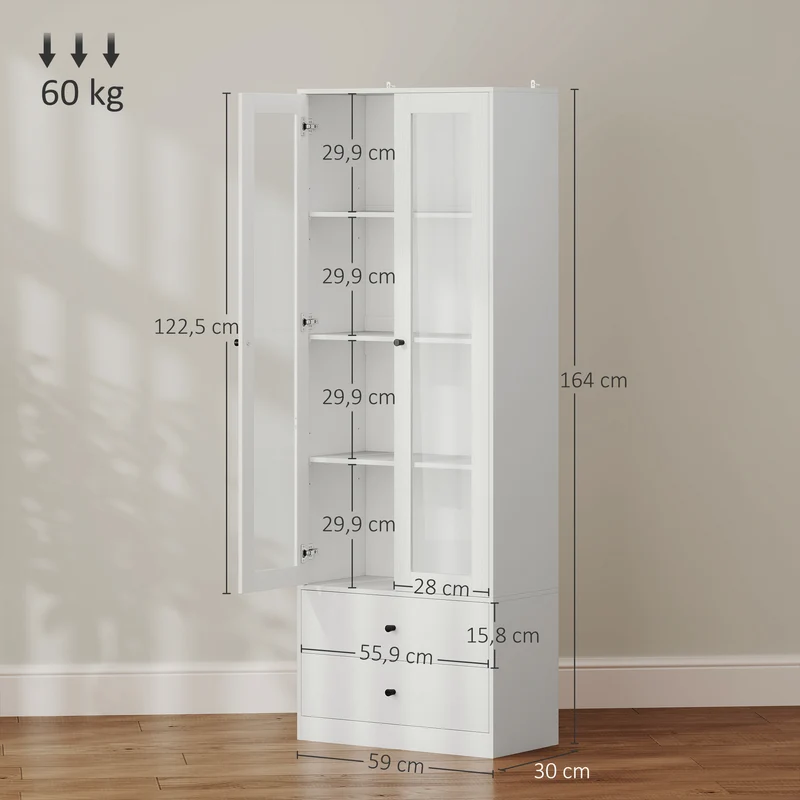 Meuble de rangement porte vitrée 59 x 30 x 164 cm étagères réglables 2 tiroirs moderne en panneau de particules blanc 21_0002969