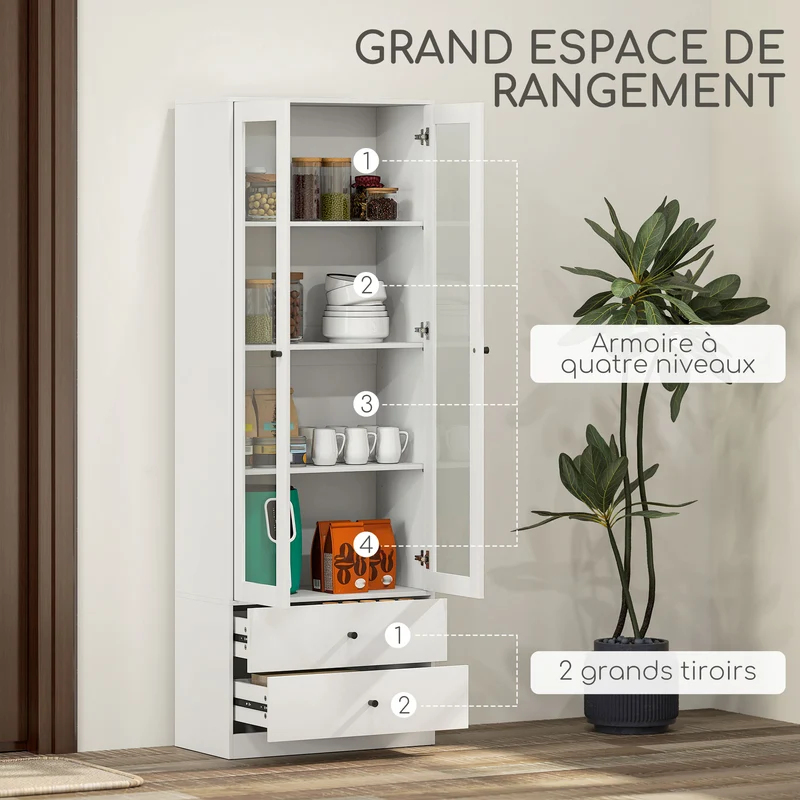 Meuble de rangement porte vitrée 59 x 30 x 164 cm étagères réglables 2 tiroirs moderne en panneau de particules blanc 21_0002969