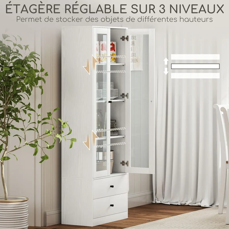 Meuble de rangement porte vitrée 59 x 30 x 164 cm étagères réglables 2 tiroirs moderne en panneau de particules blanc 21_0002969