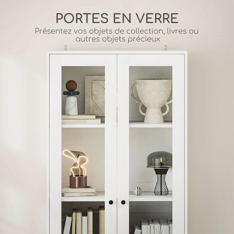 Meuble de rangement porte vitrée 59 x 30 x 164 cm étagères réglables 2 tiroirs moderne en panneau de particules blanc 21_0002969