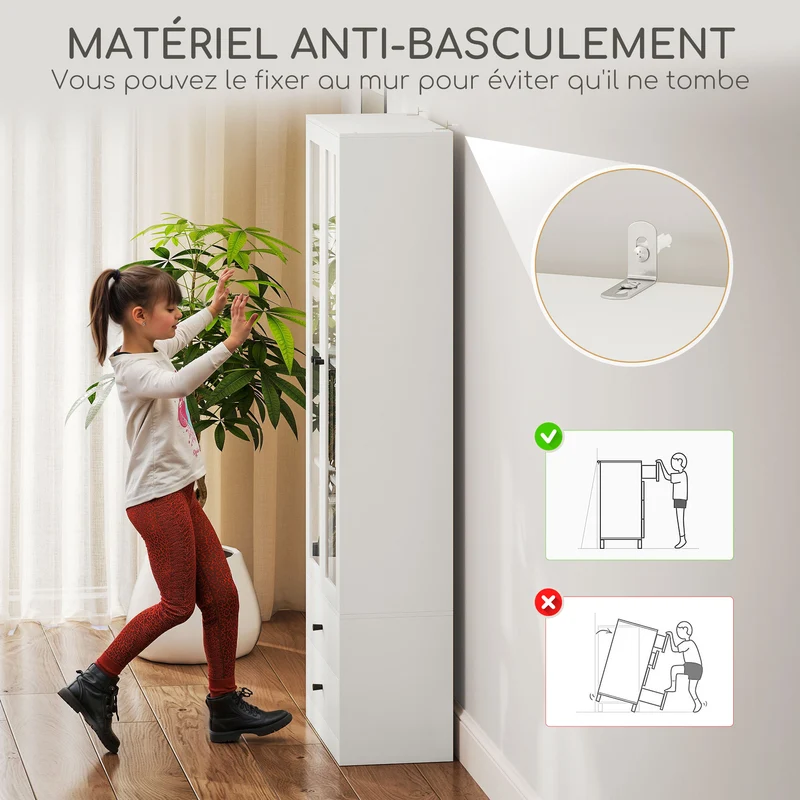 Meuble de rangement porte vitrée 59 x 30 x 164 cm étagères réglables 2 tiroirs moderne en panneau de particules blanc 21_0002969