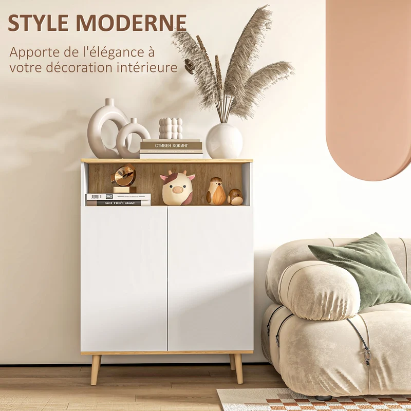 Meuble de rangement buffet sur pied 80 x 38 x 102 cm étagère réglable scandinave épuré en panneau de particules blanc 21_0002916