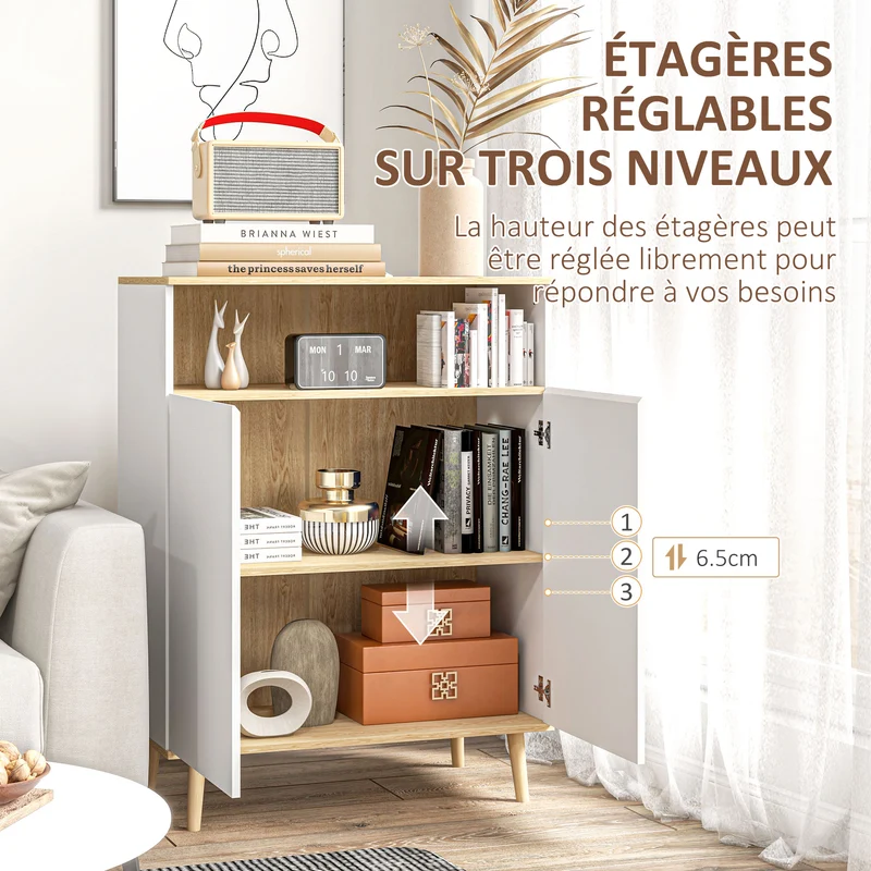 Meuble de rangement buffet sur pied 80 x 38 x 102 cm étagère réglable scandinave épuré en panneau de particules blanc 21_0002916