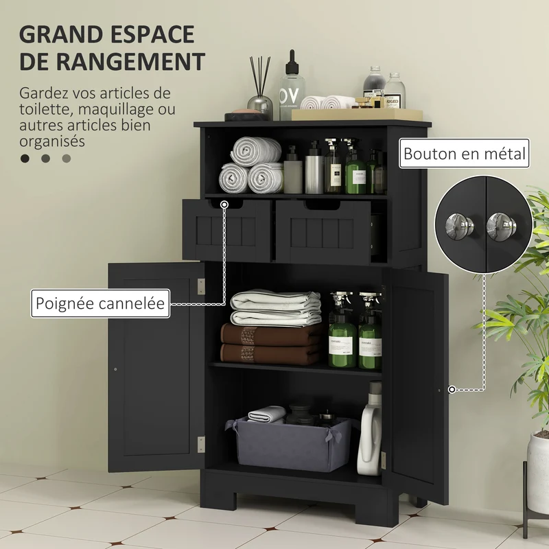 Meuble bas de salle de bain 60 x 30 x 108.8 cm gain de place anti basculement moderne épuré avec étagère en MDF noir 21_0001888