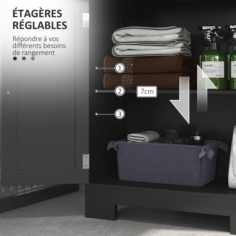 Meuble bas de salle de bain 60 x 30 x 108.8 cm gain de place anti basculement moderne épuré avec étagère en MDF noir 21_0001888