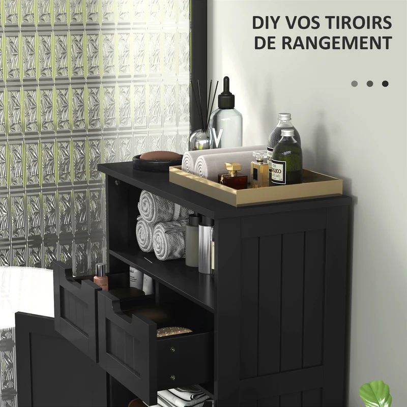 Meuble bas de salle de bain 60 x 30 x 108.8 cm gain de place anti basculement moderne épuré avec étagère en MDF noir 21_0001888