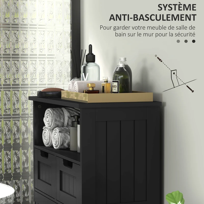 Meuble bas de salle de bain 60 x 30 x 108.8 cm gain de place anti basculement moderne épuré avec étagère en MDF noir 21_0001888
