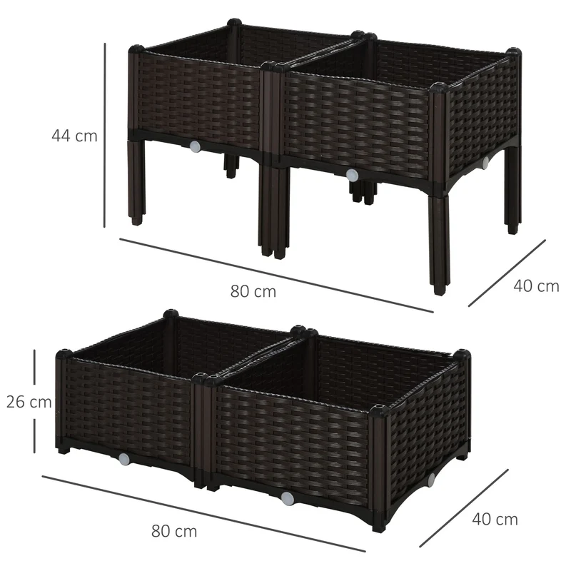 Lot de 4 jardinière sur pieds carré 40 x 40 x 44 cm avec irrigation 2 niveaux pratique balcon moderne en PP chocolat 21_0004133