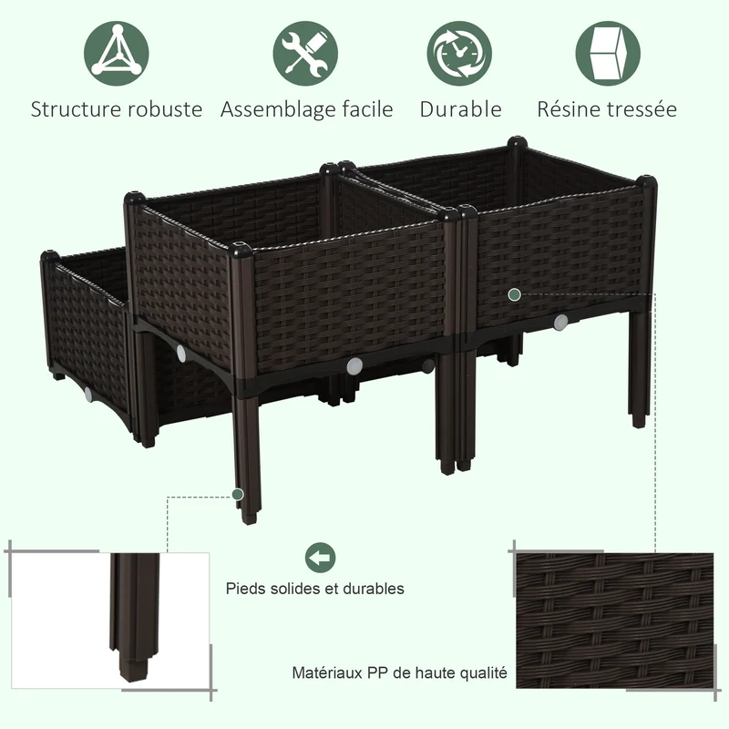 Lot de 4 jardinière sur pieds carré 40 x 40 x 44 cm avec irrigation 2 niveaux pratique balcon moderne en PP chocolat 21_0004133