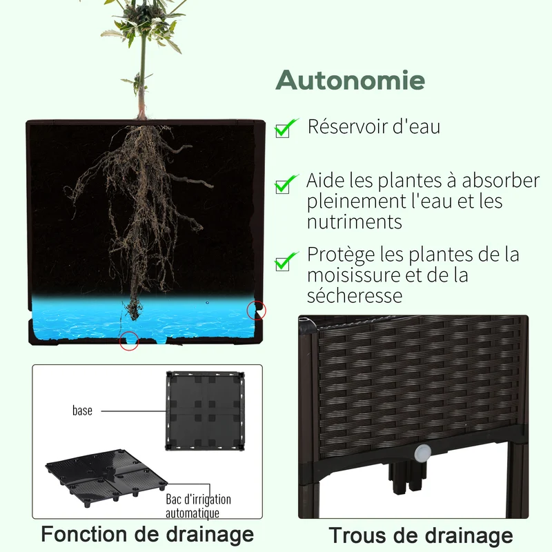 Lot de 4 jardinière sur pieds carré 40 x 40 x 44 cm avec irrigation 2 niveaux pratique balcon moderne en PP chocolat 21_0004133