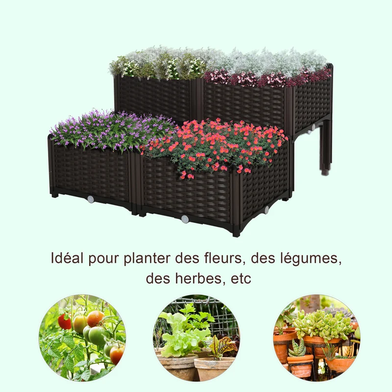 Lot de 4 jardinière sur pieds carré 40 x 40 x 44 cm avec irrigation 2 niveaux pratique balcon moderne en PP chocolat 21_0004133