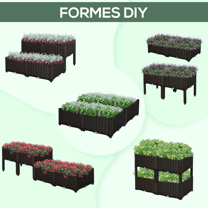 Lot de 4 jardinière sur pieds carré 40 x 40 x 44 cm avec irrigation 2 niveaux pratique balcon moderne en PP chocolat 21_0004133