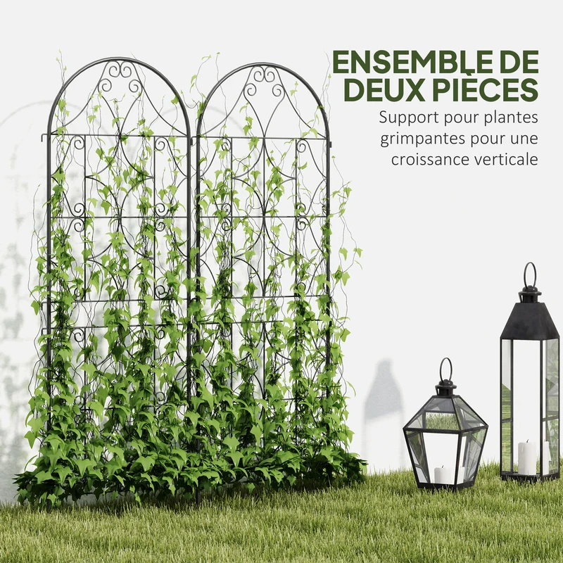 Lot de 2 treillis support plantes grimpantes brise-vue 50 x 150 x 2 cm stable antirouille contemporain en métal noir 21_0005562