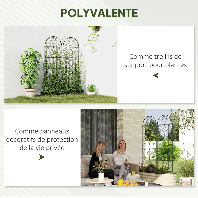 Lot de 2 treillis support plantes grimpantes brise-vue 50 x 150 x 2 cm stable antirouille contemporain en métal noir 21_0005562