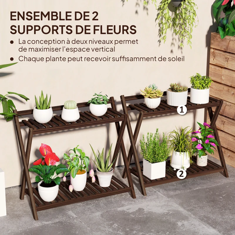 Lot de 2 supports pour plantes échelle intérieur 73 x 36 x 64 cm gain d'espace structure x stable rustique en bois brun 21_0005497