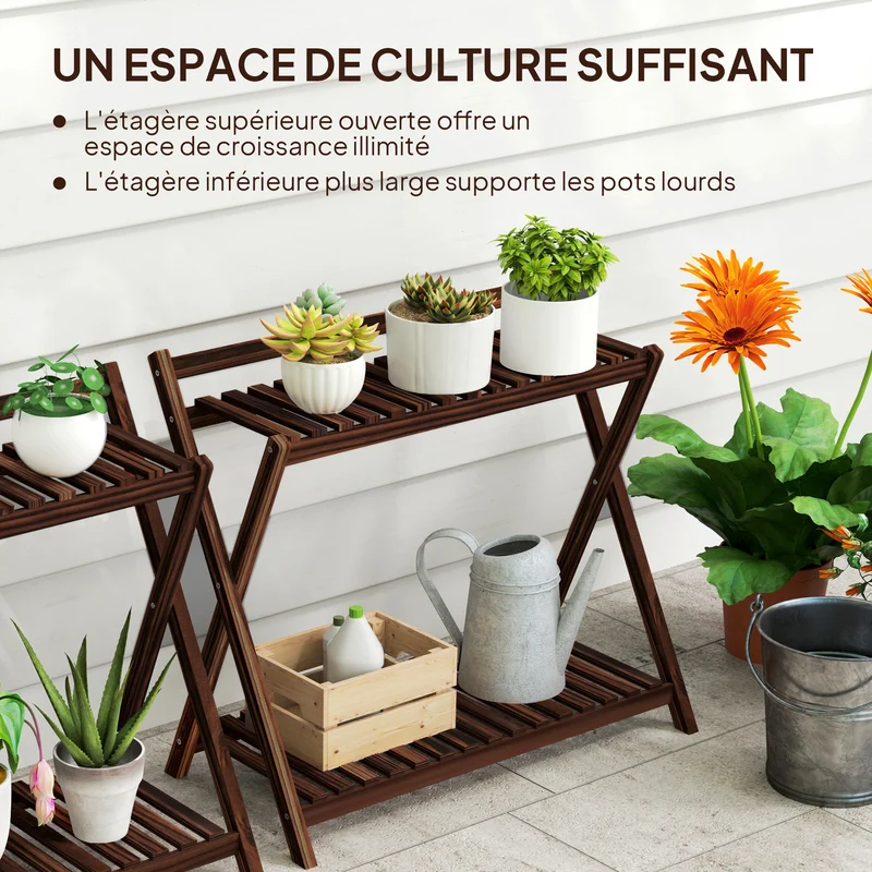Lot de 2 supports pour plantes échelle intérieur 73 x 36 x 64 cm gain d'espace structure x stable rustique en bois brun 21_0005497