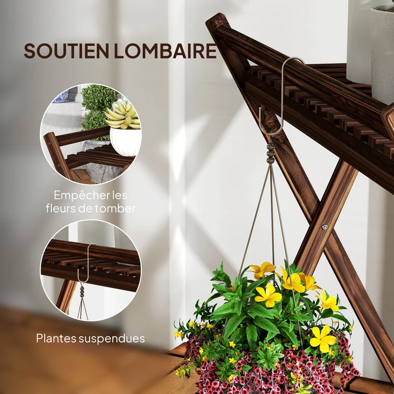 Lot de 2 supports pour plantes échelle intérieur 73 x 36 x 64 cm gain d'espace structure x stable rustique en bois brun 21_0005497