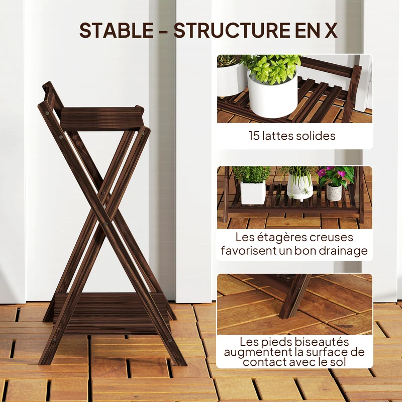 Lot de 2 supports pour plantes échelle intérieur 73 x 36 x 64 cm gain d'espace structure x stable rustique en bois brun 21_0005497