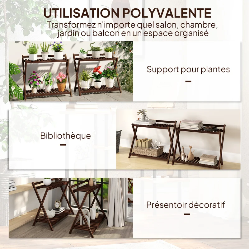 Lot de 2 supports pour plantes échelle intérieur 73 x 36 x 64 cm gain d'espace structure x stable rustique en bois brun 21_0005497