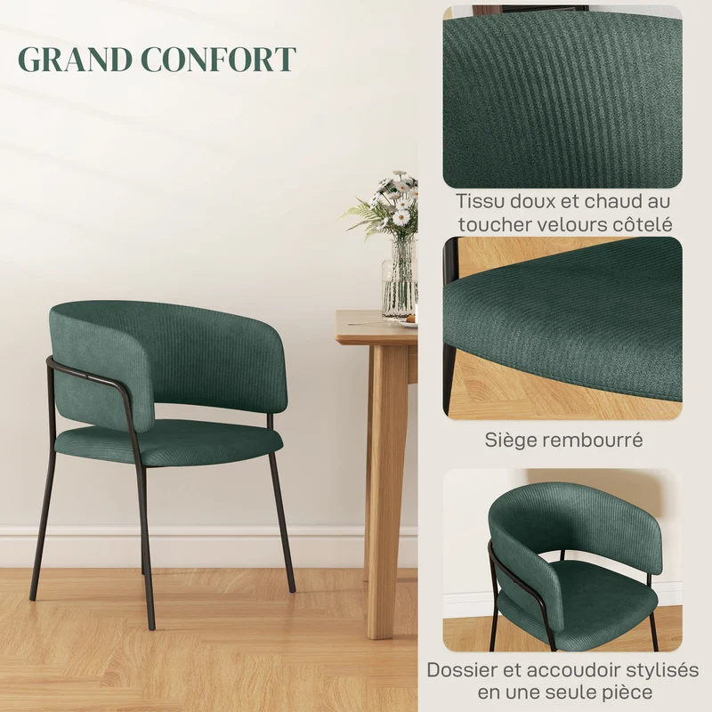 Lot de 2 chaises de salle à manger 57 x 53 x 73 cm assise rembourrée dossier enveloppant contemporain en acier vert 21_0003251
