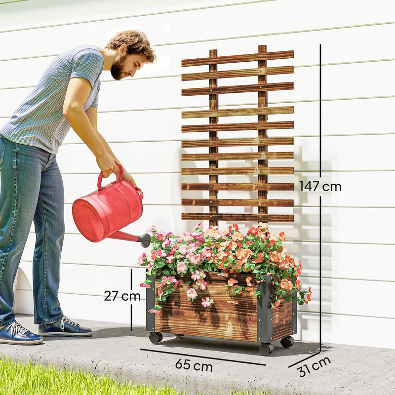 Jardinière sur pieds rectangulaire treillis 65 x 31 x 147 cm mobilité roulettes drainage style rustique en bois marron 21_0004292