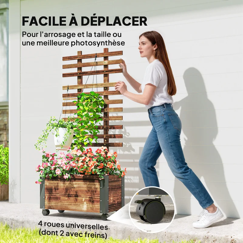 Jardinière sur pieds rectangulaire treillis 65 x 31 x 147 cm mobilité roulettes drainage style rustique en bois marron 21_0004292