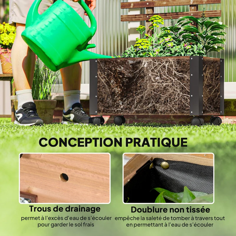 Jardinière sur pieds rectangulaire treillis 65 x 31 x 147 cm mobilité roulettes drainage style rustique en bois marron 21_0004292
