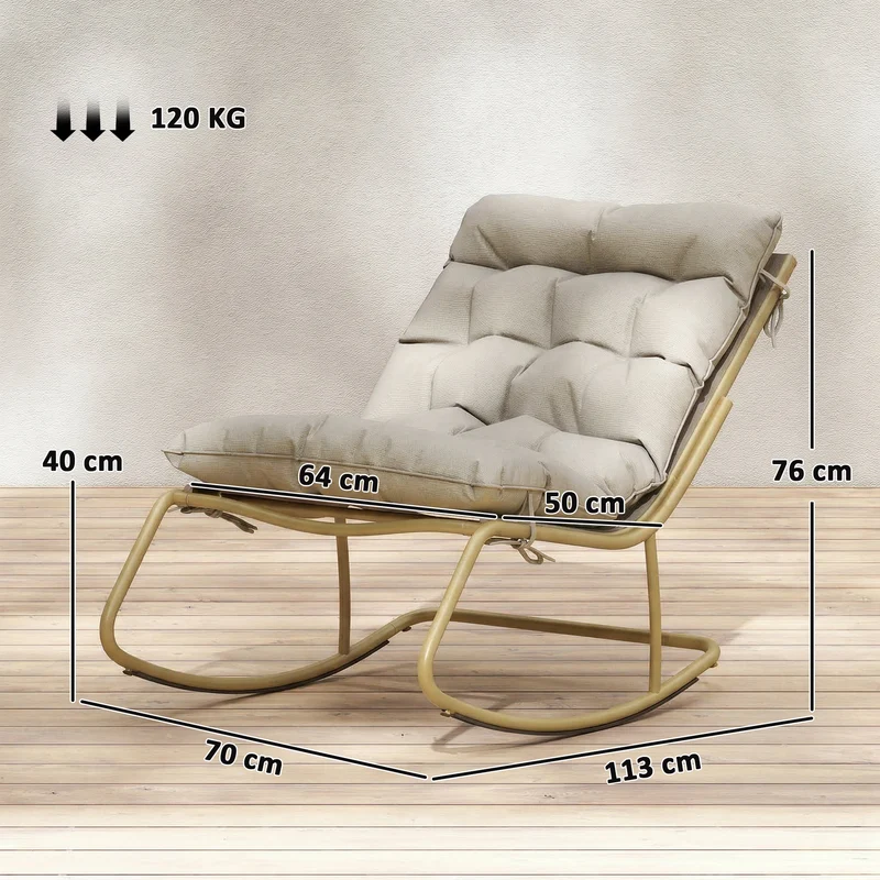 Fauteuil à bascule extérieur dossier incurvé 70 x 113 x 76 cm assise 64 cm coussin moelleux scandinave en acier kaki 21_0005377
