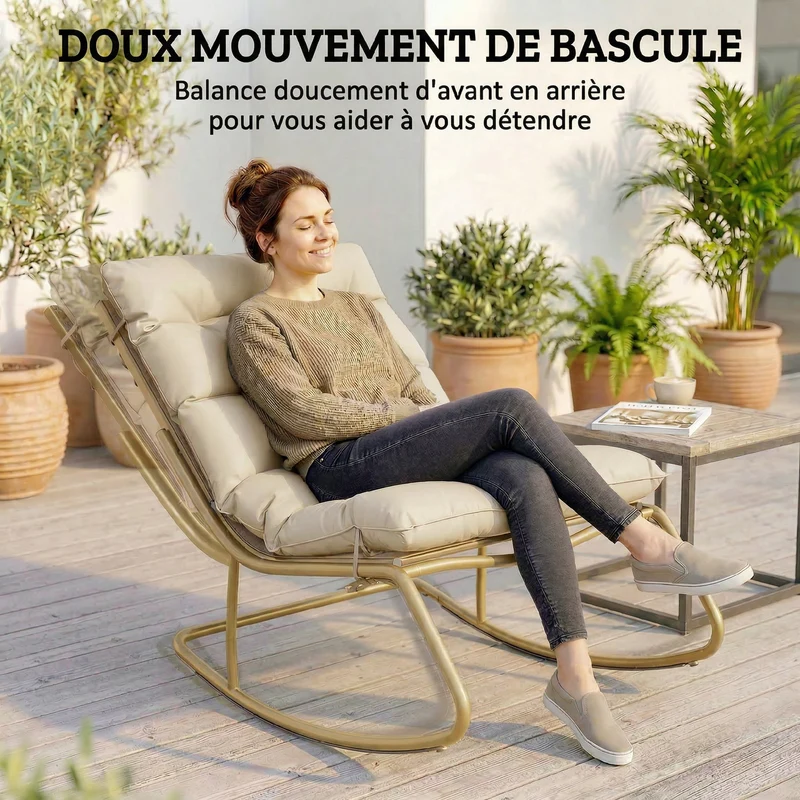 Fauteuil à bascule extérieur dossier incurvé 70 x 113 x 76 cm assise 64 cm coussin moelleux scandinave en acier kaki 21_0005377