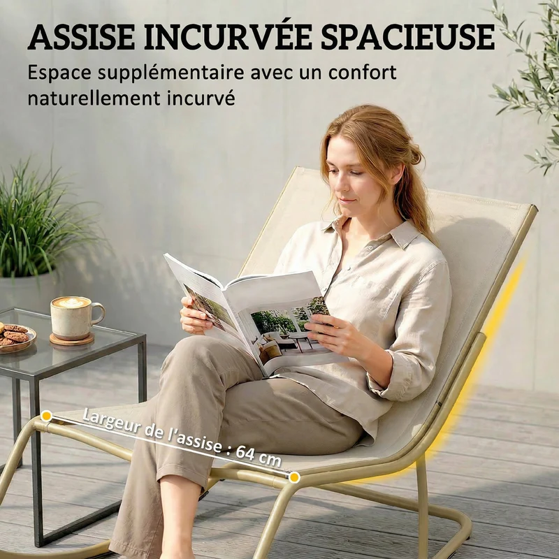Fauteuil à bascule extérieur dossier incurvé 70 x 113 x 76 cm assise 64 cm coussin moelleux scandinave en acier kaki 21_0005377
